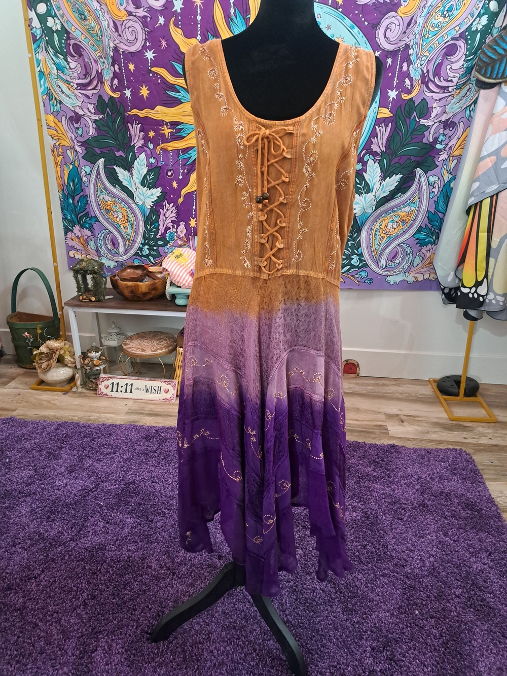 Purple Ember Ombré Embroidered Lace-Up Fairy Dress | S–2X